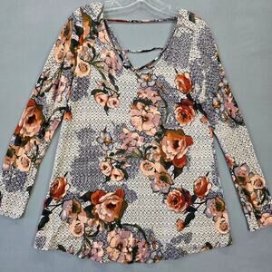 Daytrip Tan Black Floral Shirt Strappy Cutouts Long Sleeves Scoop Women's Size M